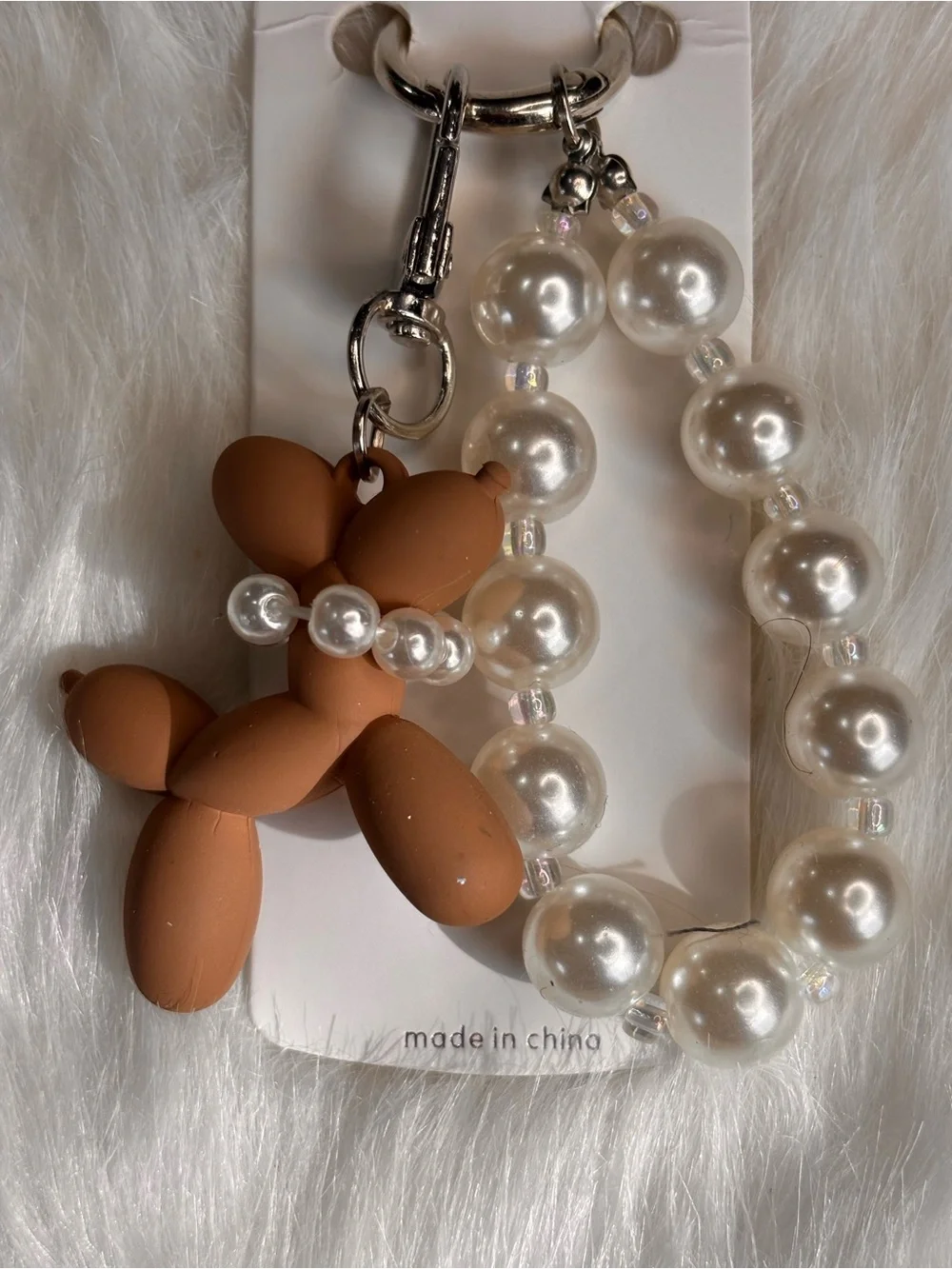 Balloon Dog Pearl Beaded Keychain Purse Charm Brown & Silver Tone